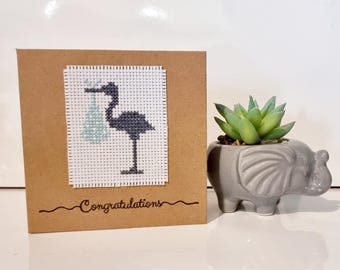 New baby card, congratulations on your new baby boy, baby boy card, completed cross stitch card, Anne Stitched, baby shower card
