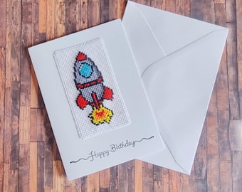 Rocket Cross Stitch Birthday Card A6 – Handmade Space Card – Embroidered Rocket Greeting Card – Unique Birthday Card for Him or Her