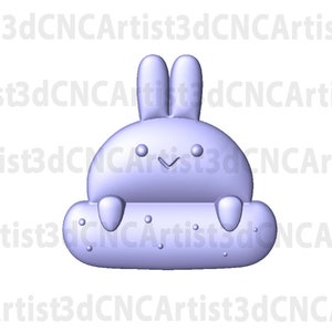 May include: A light purple 3D-rendered bunny figure with large ears, a smiling face, and small arms. The bunny is holding a rounded shape with small dots. The background is white.