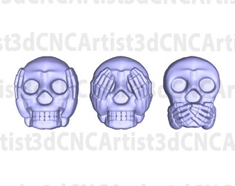 3 Wise Skulls STL File for 3d printing - Laser CNC Router - 3D Printable model - Skull 3d .stl model - Halloween Skull STL Download