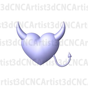 May include: A 3D printed heart with devil horns and a tail. The heart is a light purple color.