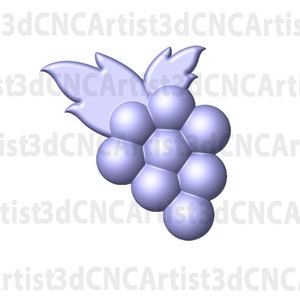 May include: A 3D rendered image of a purple grape cluster with a single leaf. The grapes are arranged in a circular pattern and have a shiny, metallic finish.