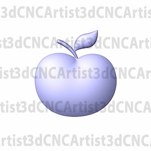 May include: A 3D rendered purple apple with a green leaf on top. The apple is a simple, cartoon-like design.