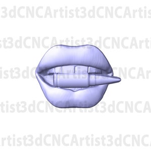 May include: A 3D printed model of a pair of lips biting down on a bullet. The lips are a light purple color and the bullet is a darker purple.