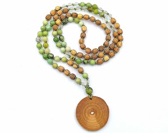 French wooden pearls: Mala 108 pearls 6mm Oak Wood, Chrysoprase and Roche Crystal. Gift idea. Local and unique handmade