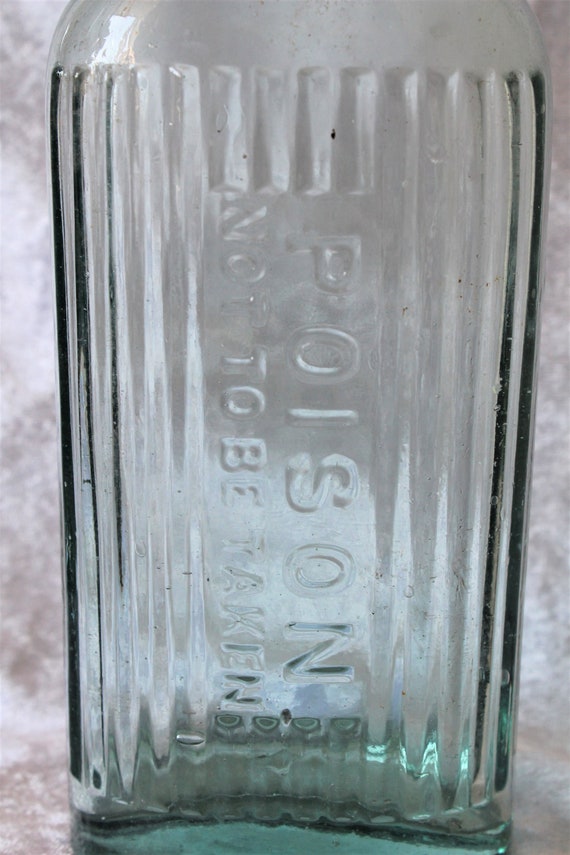Antique Early 20th Century Large Aqua Glass Poison Bottle Embossed