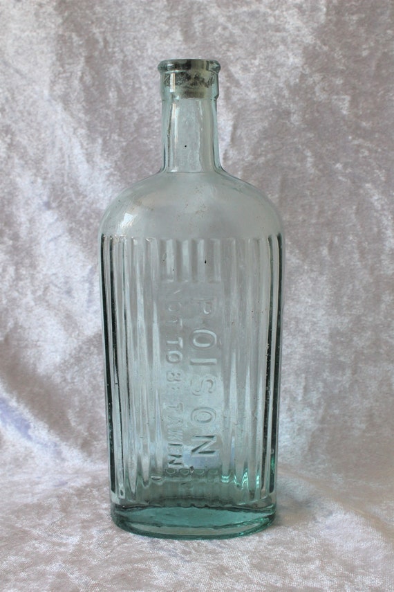 Antique Early 20th Century Large Aqua Glass Poison Bottle Embossed