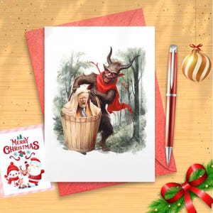 Funny Political Christmas Card, Vintage Krampus taking Trump, Lefty, Liberal, Progressive Jail [CR]