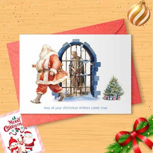 Funny Political Christmas Card, Vintage Santa with Trump, May All Your Christmas Wishes Come True, Lefty, Liberal, Progressive Jail [CR]
