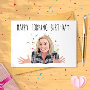 Funny Happy Forking Birthday Card - Humorous Pop Culture Greeting, Gift for Her, Cross Stitch, Quirky TV Show Inspired Card [00246]