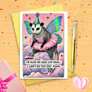 Fairy God Possum Birthday Card - Cute Possum Greeting with Mushrooms, Unique Wild Gift, Happy Birthday Wishes, Fun Possum Design [03320]