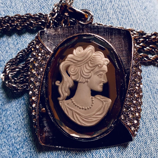 Vintage Gunmetal, Glass and Rhinestones Art Deco Cameo pendant necklace.