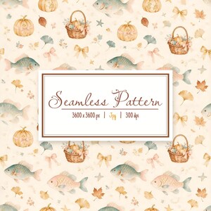 Puede incluir: Un patrón continuo con ilustraciones en acuarela de calabazas, cestas tejidas con calabazas, peces, lazos y hojas de otoño sobre un fondo crema. Una etiqueta rectangular blanca central muestra el texto Seamless Pattern 3600 x 3600 px | Jpg | 300 dpi.