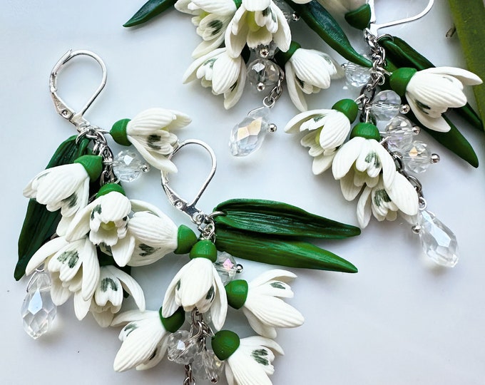 Featured listing image: White snowdrop statement earrings with Wild forest flowers Botanical Handcrafted clay jewelry Garden miniature Snowdrops jewelry earrings