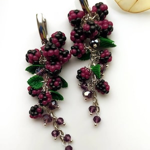 Blackberry chandelier earrings Long statement earrings with berry Botanical Handcrafted clay berries Garden miniature nature earrings