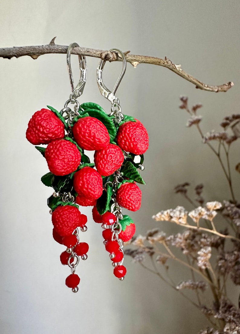 Strawberry earrings Realistic botanical Handcrafted clay jewelry Wild berry earrings Nature lovers jewelry Garden miniature image 7