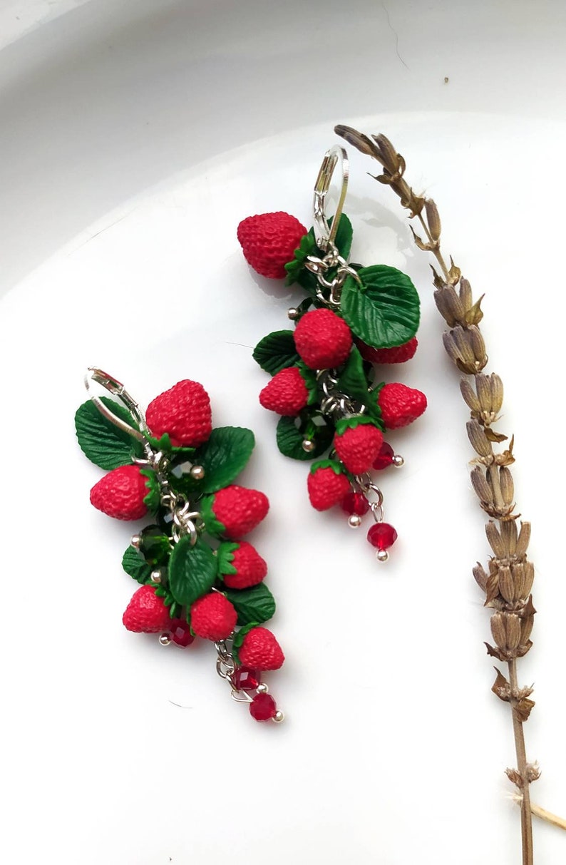 Strawberry earrings Realistic botanical Handcrafted clay jewelry Wild berry earrings Nature lovers jewelry Garden miniature image 1