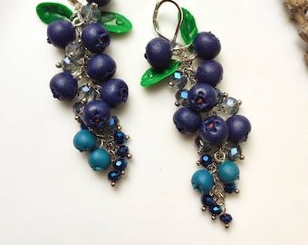 Lange Silber Ohrringe mit Blaubeere Botanische Handgefertigte Ton Schmuck Garten Miniatur Natur Ohrringe Realistische Beere Ohrringe Blaubeeren