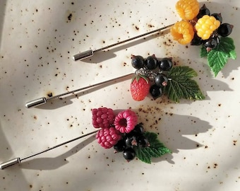 Miniature Berries Pin: Realistic Clay Blackberry, Raspberry Jewelry