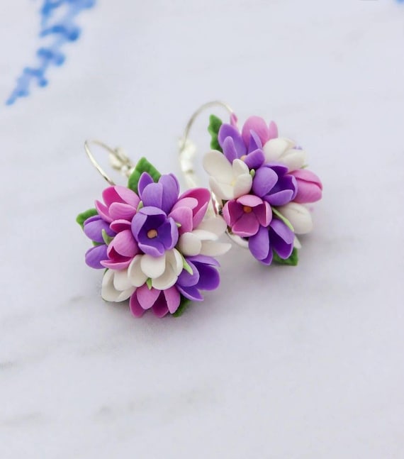 Handcraft Polymer Clay Lilac Earrings, Floral Jewelry Blossom earrings