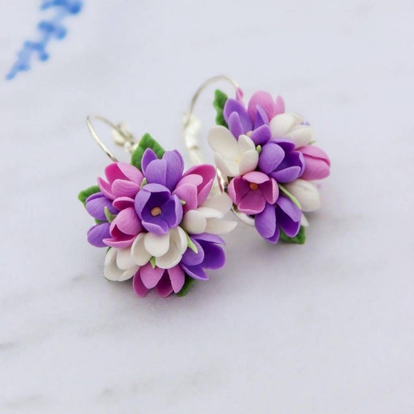 Purple lilac earrings Realistic botanical handcraft floral jewelry Blossom Earring Polymer clay Jewelry Wild flower Cute floral jewelry