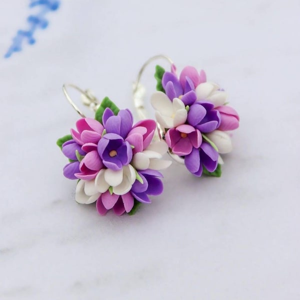 Handcraft Polymer Clay Flieder Ohrringe, Blumen Schmuck Blüten Ohrringe