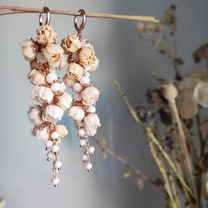 Beige wedding  long earrings Peony chandelier earrings Realistic botanical handcrafted clay jewelry flower Wedding jewelry Custom order