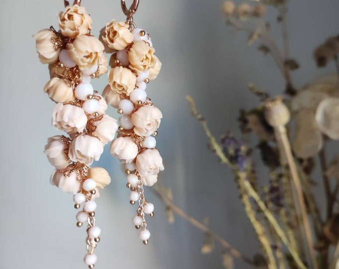 Featured listing image: Beige wedding  long earrings Peony chandelier earrings Realistic botanical handcrafted clay jewelry flower Wedding jewelry Custom order