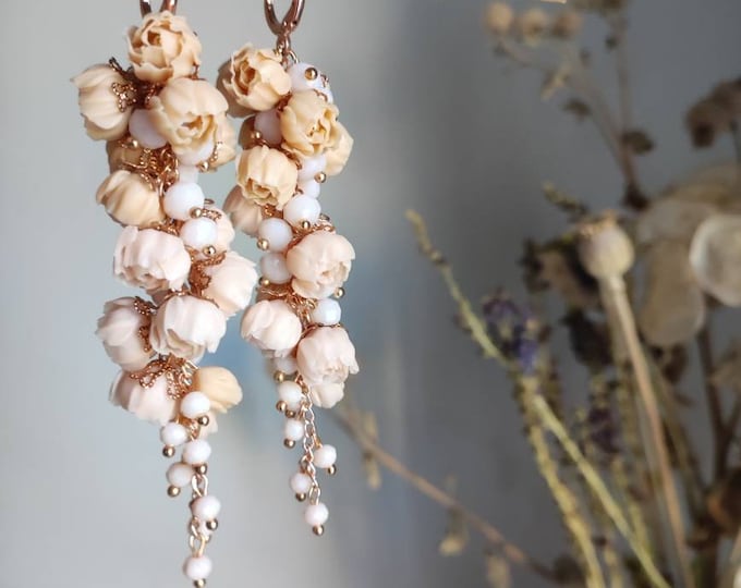 Featured listing image: Beige wedding  long earrings Peony chandelier earrings Realistic botanical handcrafted clay jewelry flower Wedding jewelry Custom order