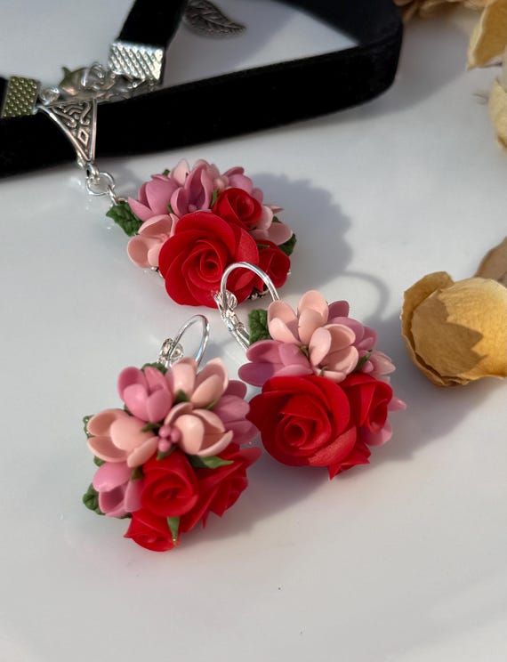 Rose Bouquet Earrings, Polymer Clay Floral Jewelry, Botanic Earrings