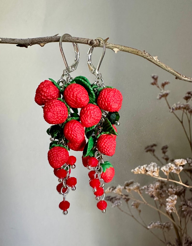 Strawberry earrings Realistic botanical Handcrafted clay jewelry Wild berry earrings Nature lovers jewelry Garden miniature image 9