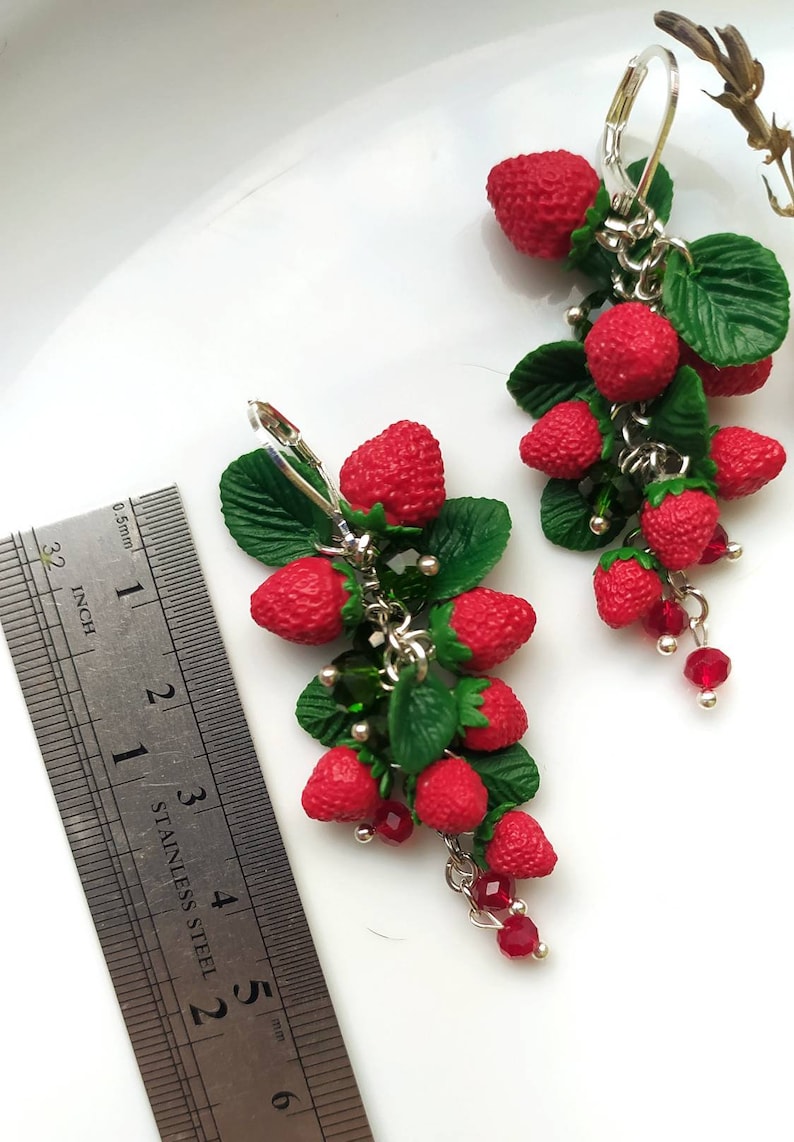 Strawberry earrings Realistic botanical Handcrafted clay jewelry Wild berry earrings Nature lovers jewelry Garden miniature image 4