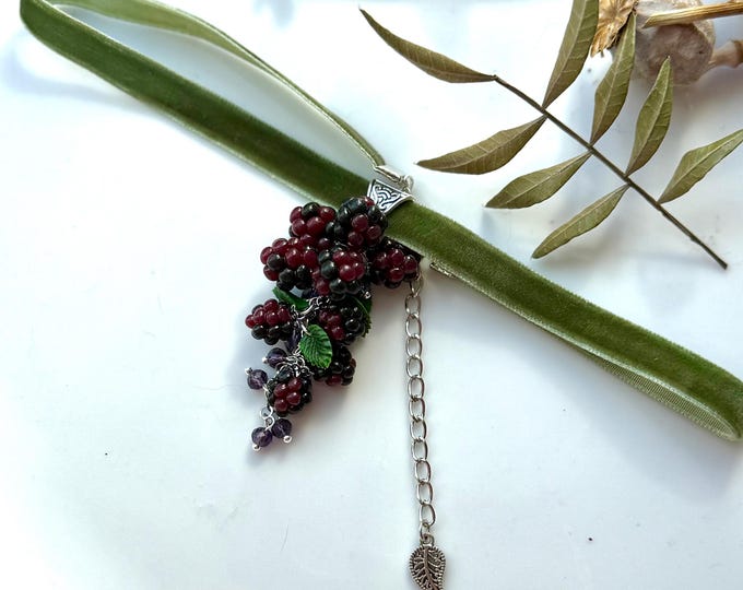 Featured listing image: Berry statement velvet choker with blackberry Botanical Handcrafted clay jewelry Garden miniature berries necklace Realistic berry Pendant