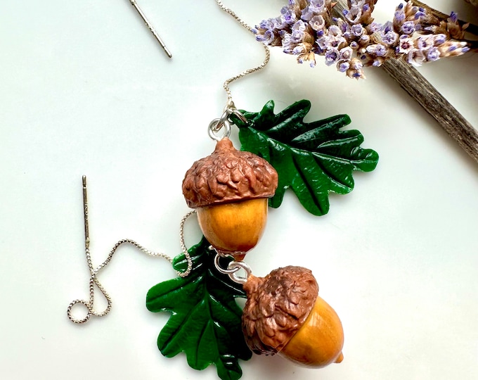 Featured listing image: Oak forest earrings jewelry with oak and leaves Botanical Handcrafted clay Earrings  miniature oak earrings Wild forest jewelry