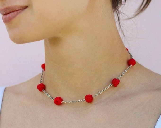 Featured listing image: Raspberry Choker: Red Berry Clay Necklace, Miniature Food Jewelry