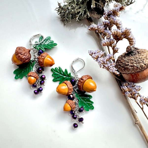 Handcrafted Oak Acorn Earrings, Botanical Polymer Clay Jewelry