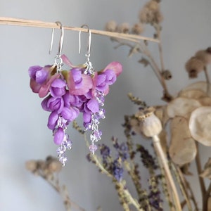 Long Wisteria earrings Violet gift for her Flower Wisteria Premium jewelry  Wisteria Inspired tree branch earrings Realistic floral Wisteria