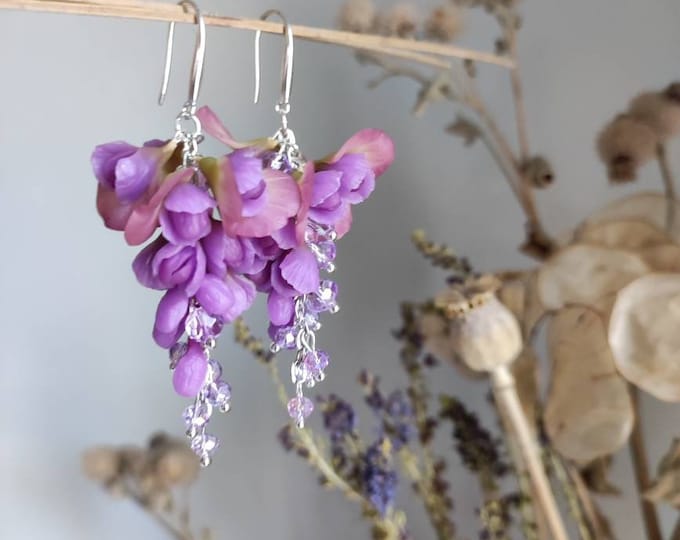 Featured listing image: Long Wisteria earrings Violet gift for her Flower Wisteria Premium jewelry  Wisteria Inspired tree branch earrings Realistic floral Wisteria
