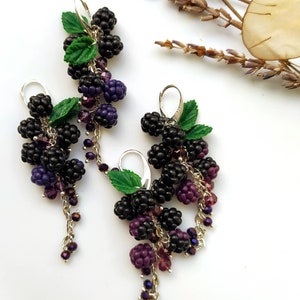 Berry statement earrings with blackberries Botanical Handcrafted clay jewelry Garden miniature nature earrings Realistic berry earrings image 1