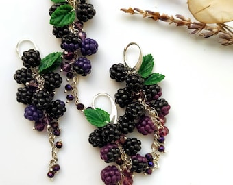 Berry statement earrings with blackberries Botanical Handcrafted clay jewelry Garden miniature nature earrings Realistic berry earrings