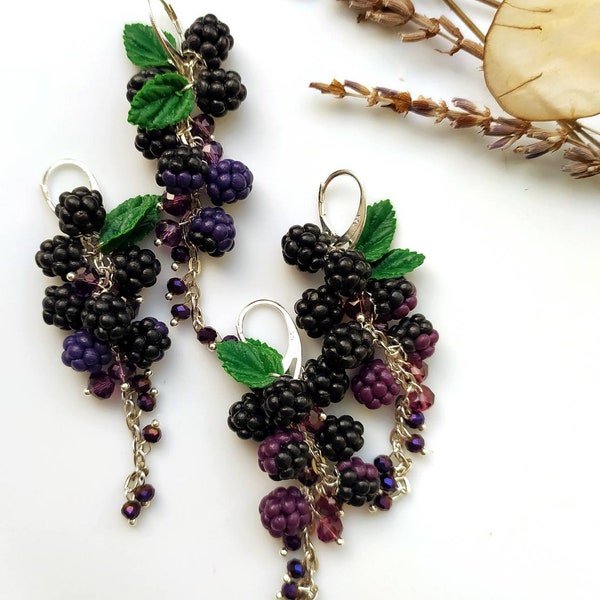 Berry statement earrings with blackberries Botanical Handcrafted clay jewelry Garden miniature nature earrings Realistic berry earrings