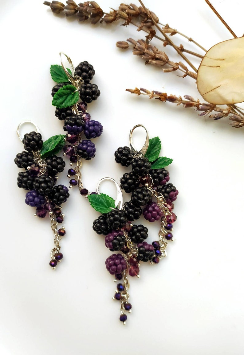 Berry statement earrings with blackberries Botanical Handcrafted clay jewelry Garden miniature nature earrings Realistic berry earrings image 1