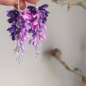 Spring lilac floral statement earrings Botanical Handcrafted clay jewelry Garden miniature nature earrings Realistic bunch flower earrings