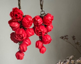 Red  peony flower earrings Small chandelier  earrings Realistic botanical handcrafted clay jewelry Little red flower earrings with peony