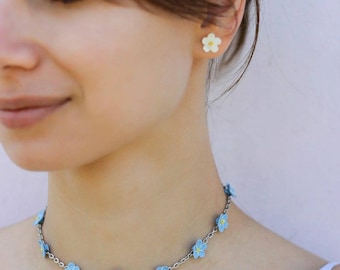 Forget me not necklace Realistic flower  Nature jewelry Botanic miniature clay jewelry Plant real flower necklace Romantic gift Blue flowers