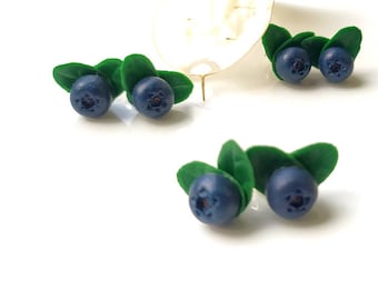 Handmade Polymer Clay Blueberry Stud Earrings, Food Jewelry