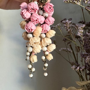 Beige flower long earrings Peony chandelier stud earrings Realistic botanical handcrafted clay jewelry Wild mini flower Cute jewelry