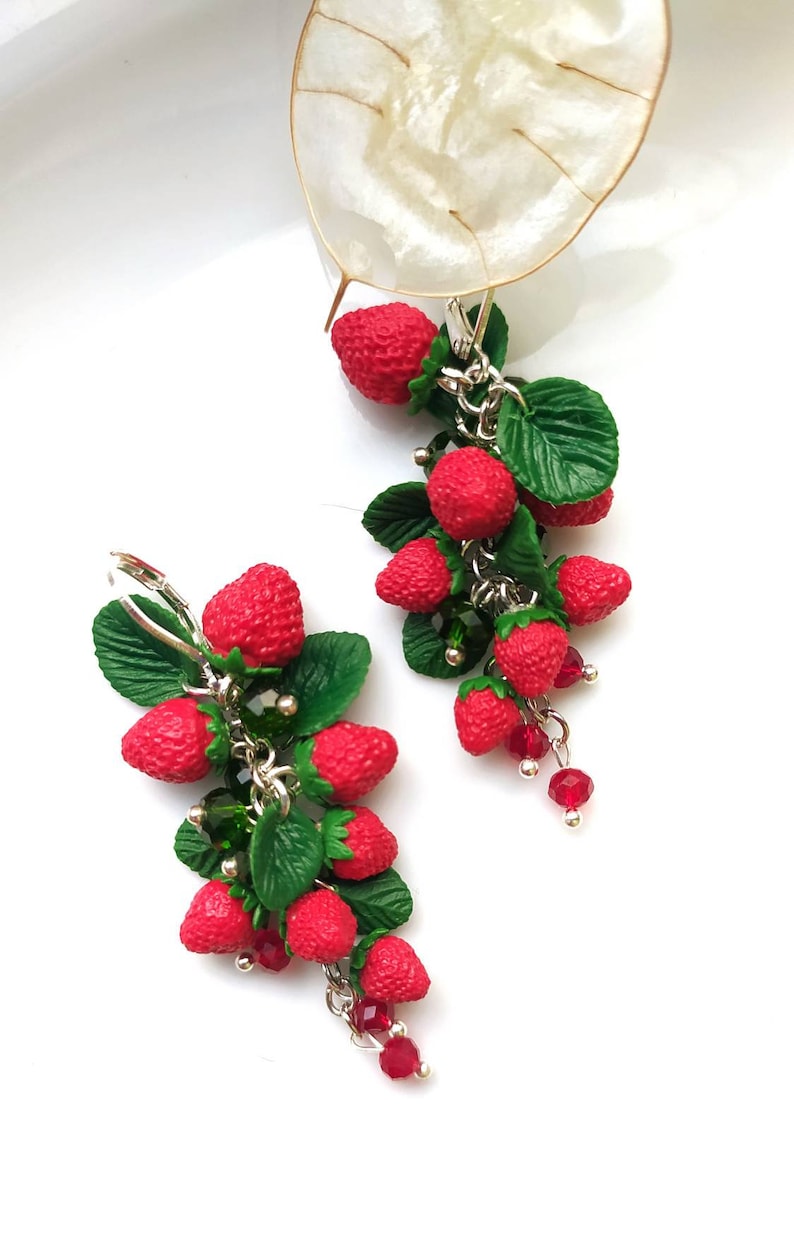 Strawberry earrings Realistic botanical Handcrafted clay jewelry Wild berry earrings Nature lovers jewelry Garden miniature image 5