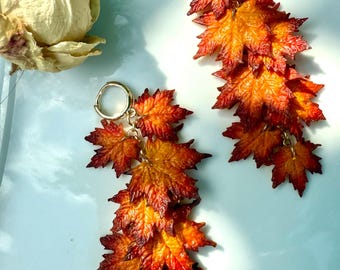 Long leaf Autumn maple leaves earrings Warm jewelry with maple leaf Handcrafted Botanical clay  Earrings miniature maple leave Wild forest