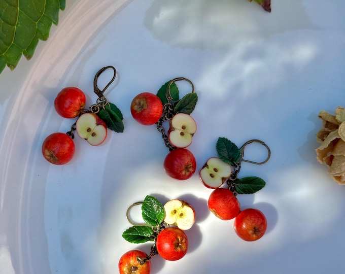 Featured listing image: Apple Dangle Earrings, Realistic Polymer Clay Fruit Jewelry